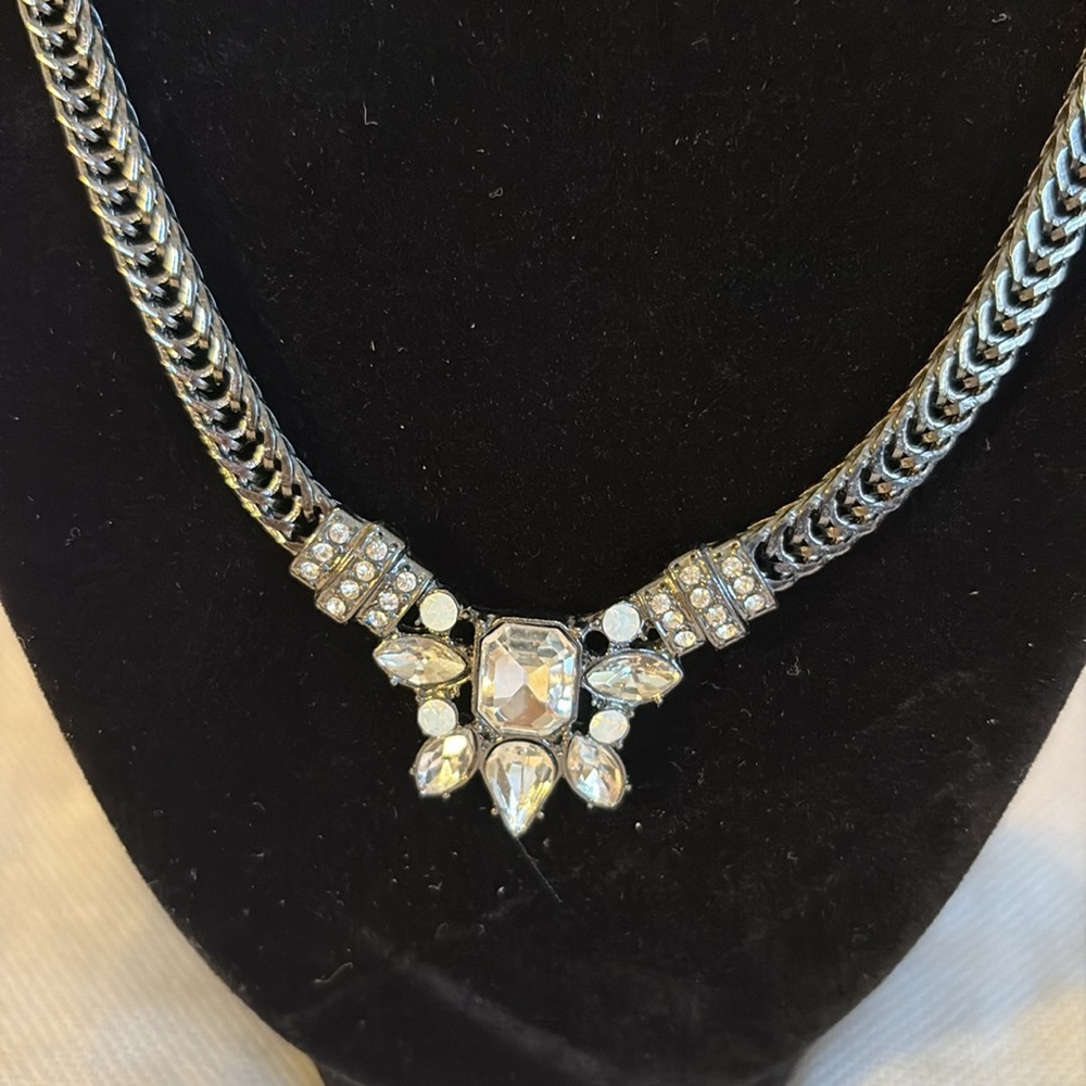 Elegant Gunmetal chain Necklace with Clear and smokey Crystal Accents & extender